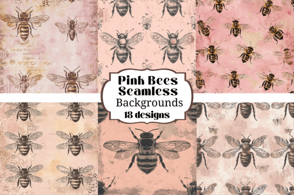 18 Pink Bees Seamless Backgrounds: Digital Paper Designs